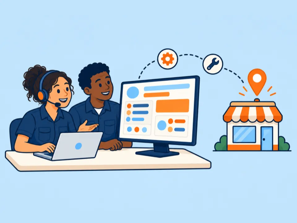 Ilustración de dos ingenieros del Equipo Central apoyando a una sucursal local