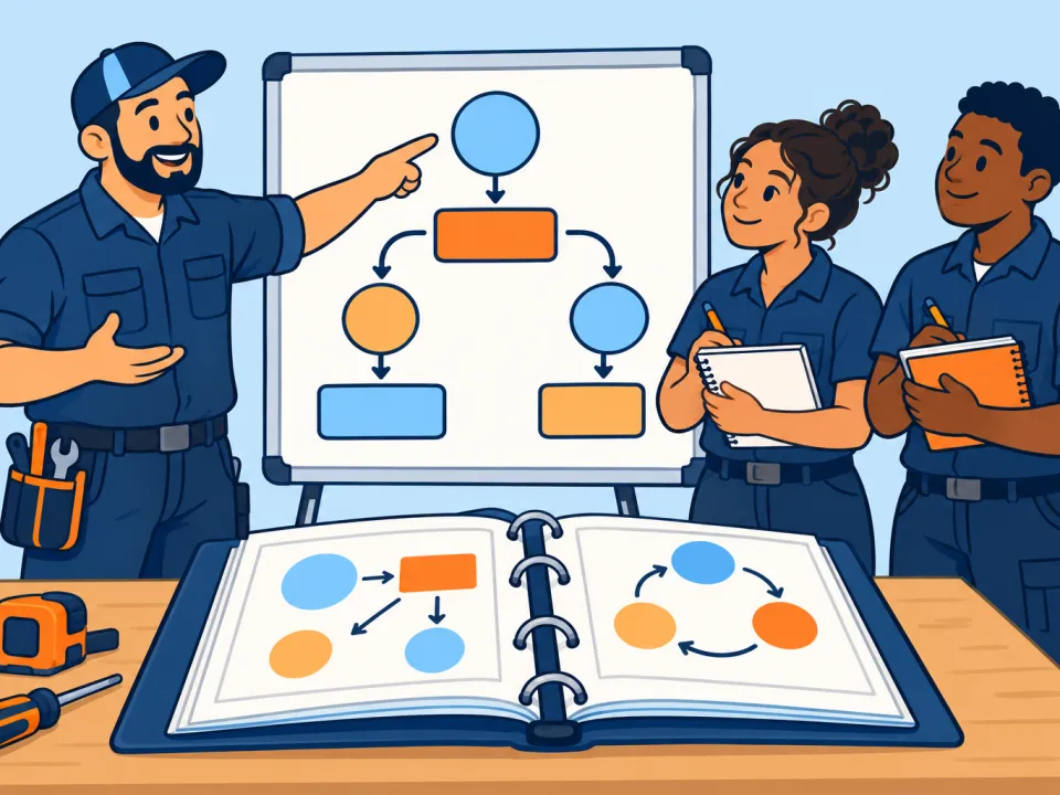 Ilustración de un instructor frente a una pizarra con dos aprendices y un manual