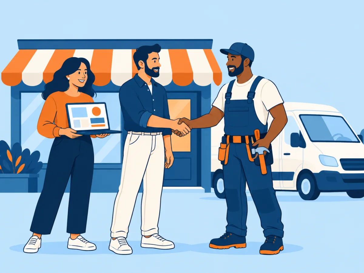 Ilustración de un equipo local dándole la mano a un cliente